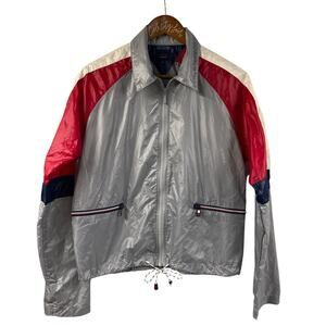 Tommy Jeans Jacket Unlined Windbreaker Large Vintage Silver Blue Red Nylon